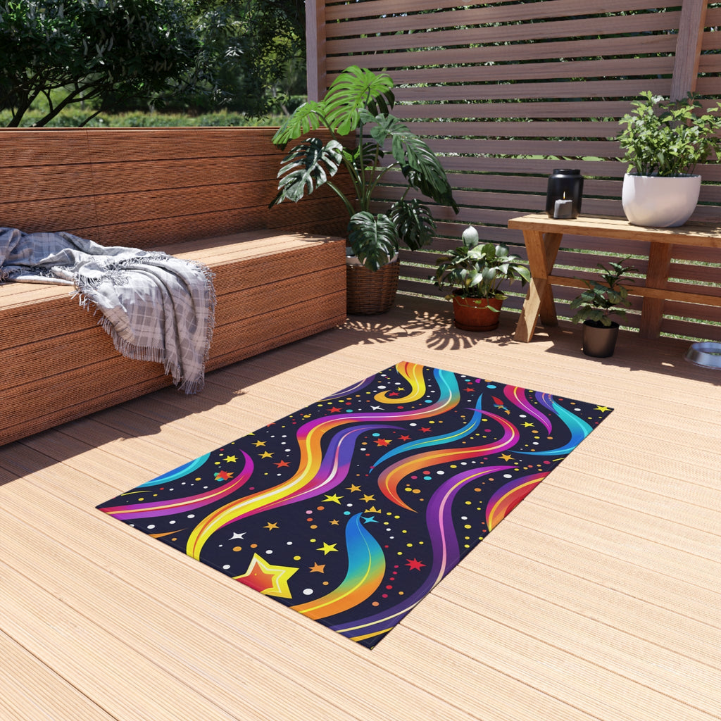 Colorful Shooting Stars Rainbow Wave outdoor rug for EDM rave festivals