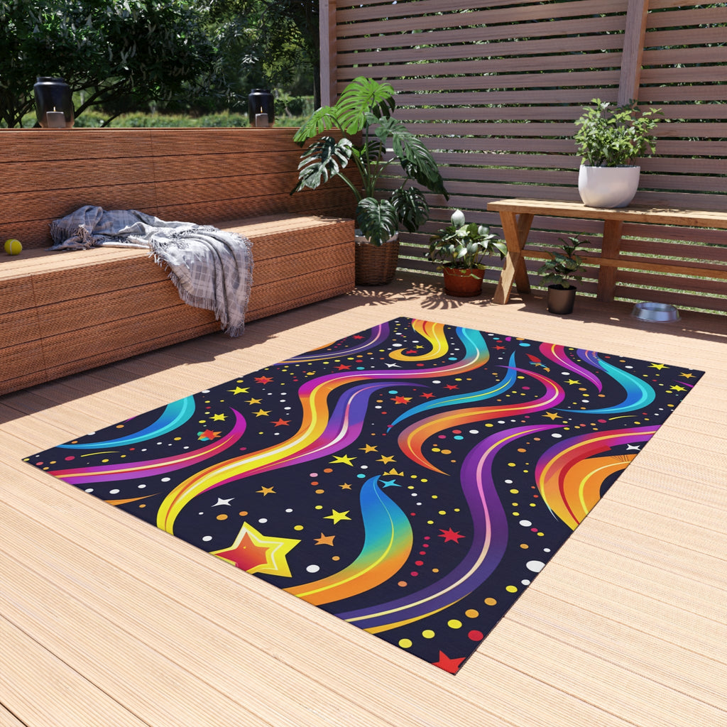 Colorful Shooting Stars Rainbow Wave outdoor rug for EDM rave festivals