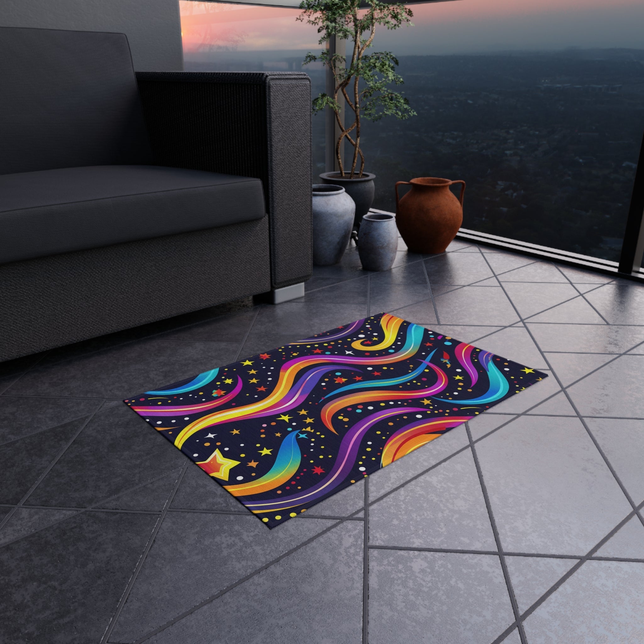Colorful Shooting Stars Rainbow Wave outdoor rug for EDM rave festivals