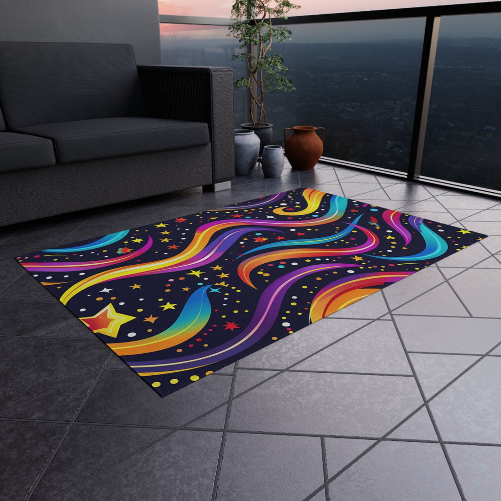 Colorful Shooting Stars Rainbow Wave outdoor rug for EDM rave festivals