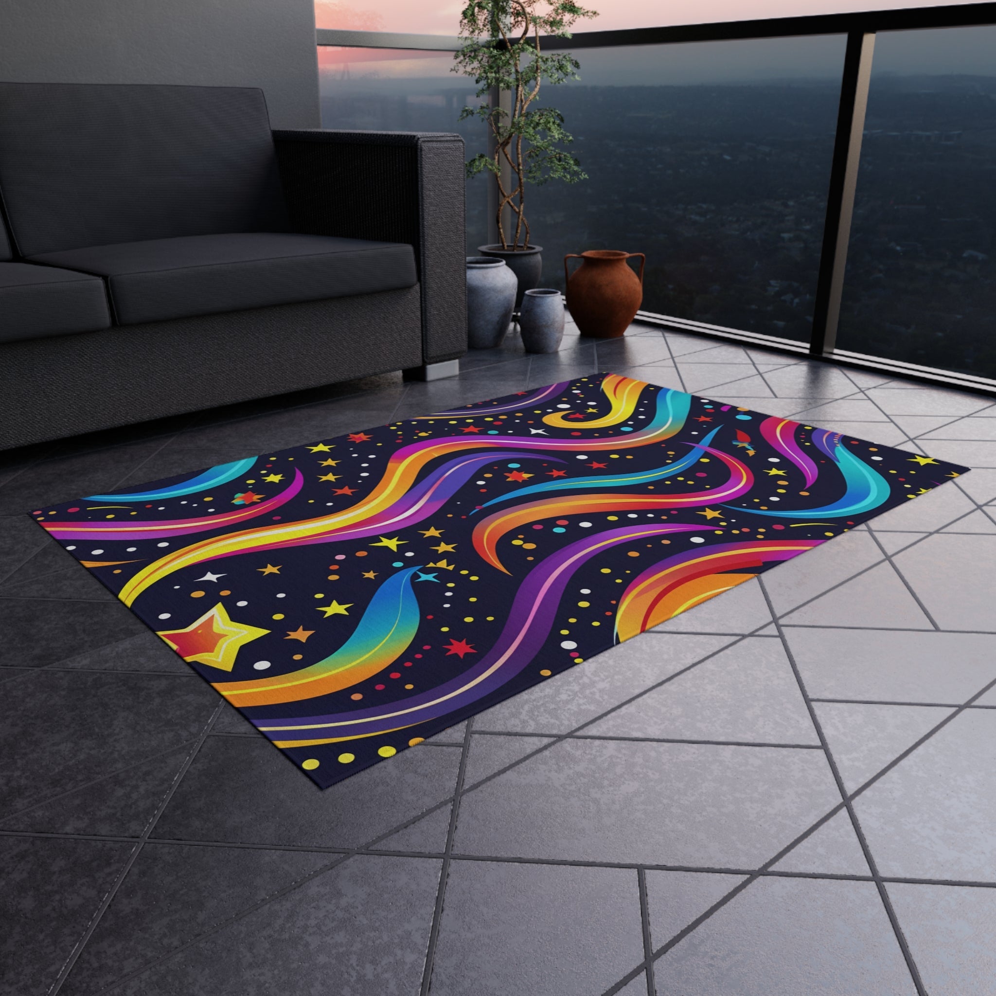 Colorful Shooting Stars Rainbow Wave outdoor rug for EDM rave festivals