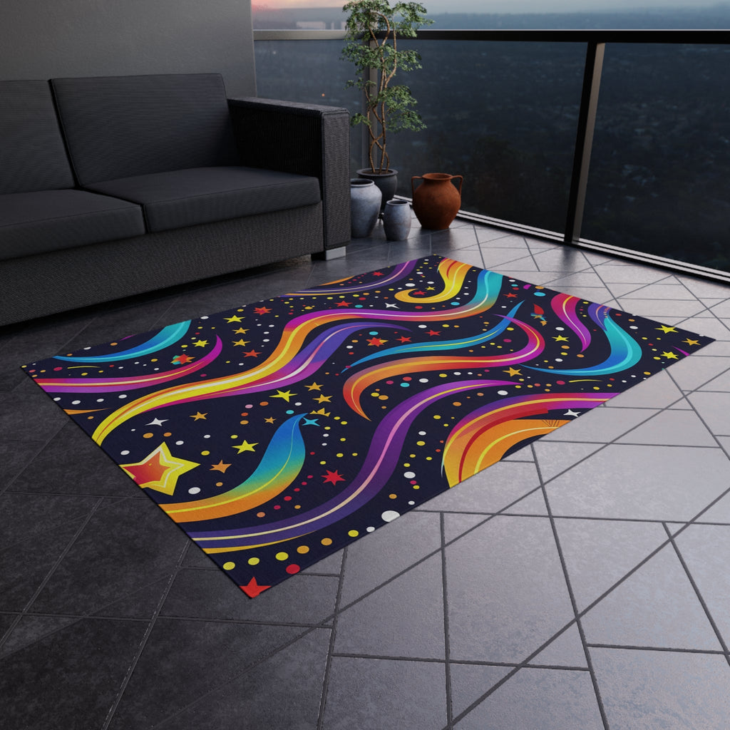 Colorful Shooting Stars Rainbow Wave outdoor rug for EDM rave festivals