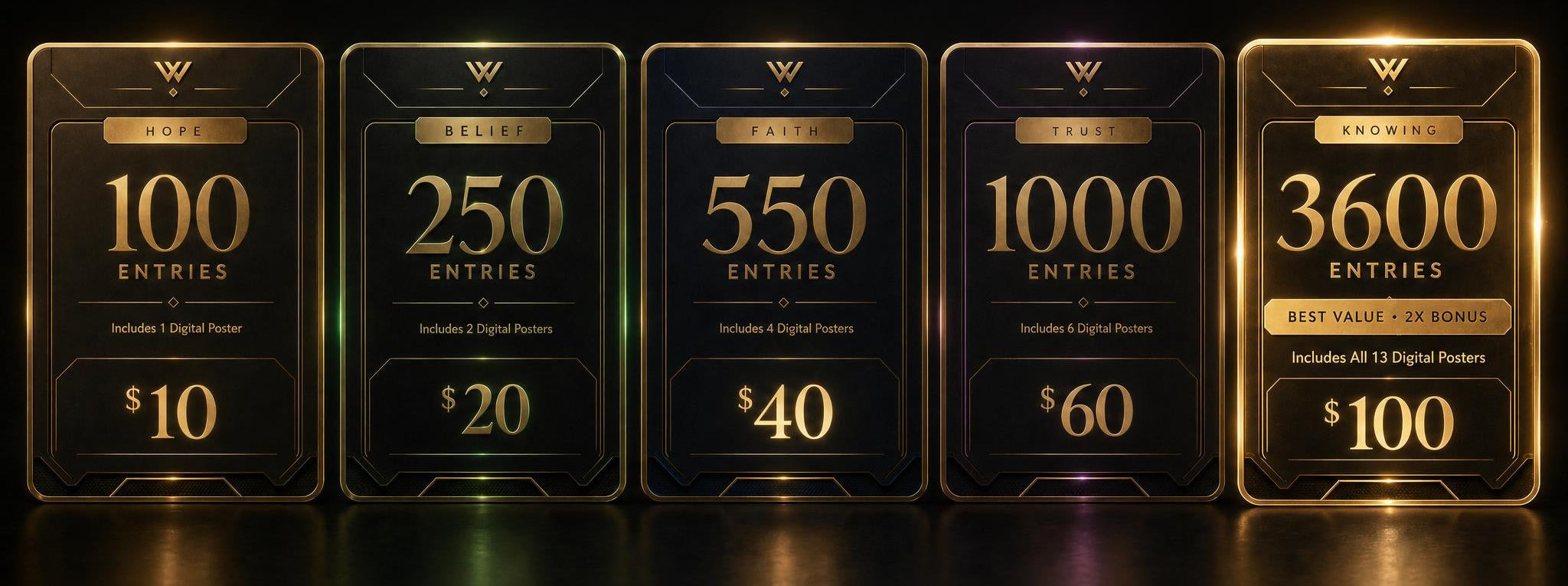 Set of five gold and black cards with entry value and price details on a dark background