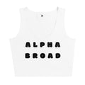 White tank top with 'Alpha Broad' text on a white background