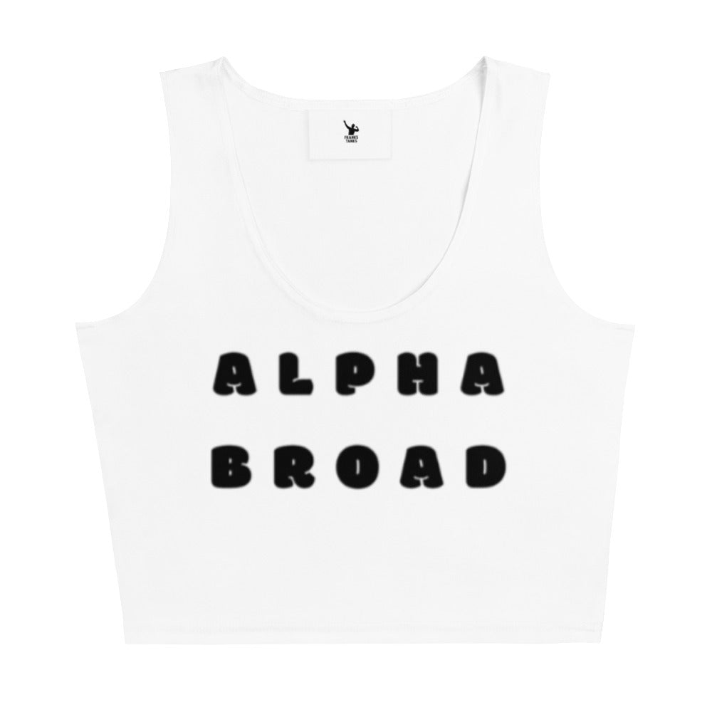 White tank top with 'Alpha Broad' text on a white background