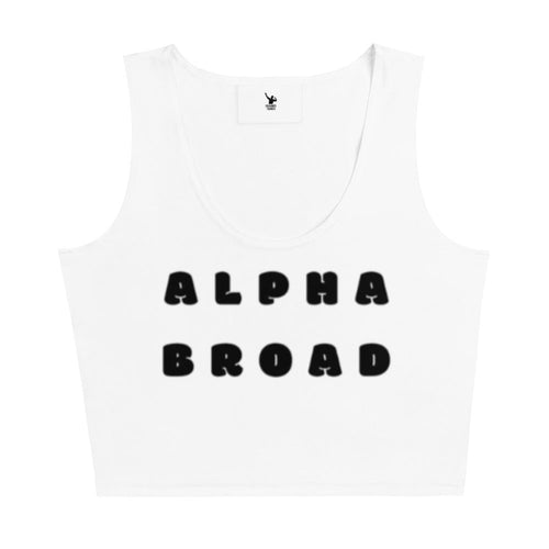 White tank top with 'Alpha Broad' text on a white background
