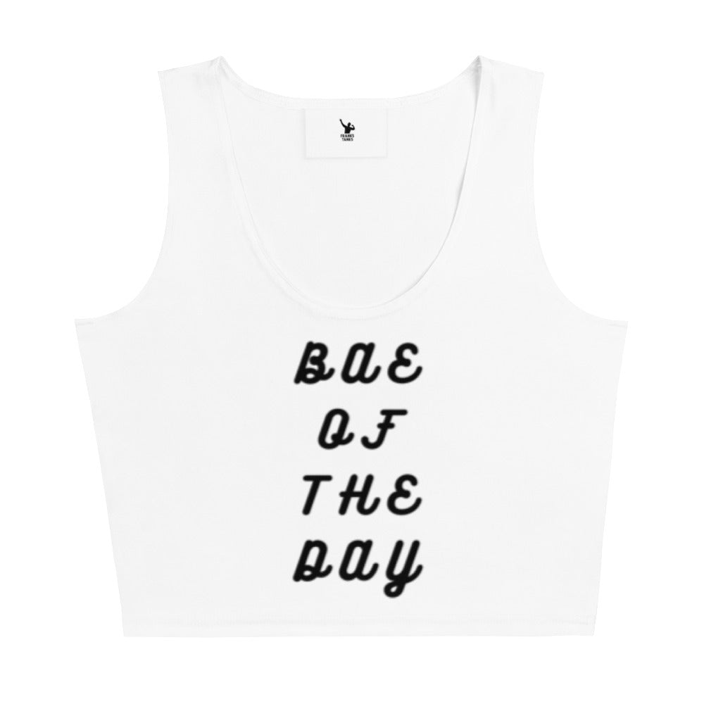 White tank top with 'BAE OF THE DAY' text on a white background