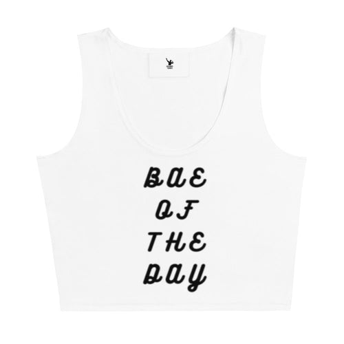 White tank top with 'BAE OF THE DAY' text on a white background