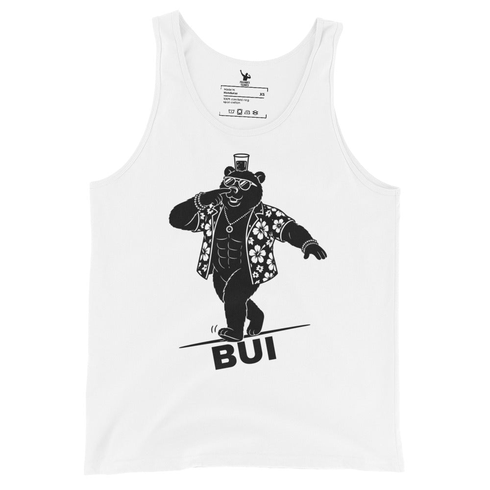 White tank top with a bear graphic and 'BUI' text on a white background