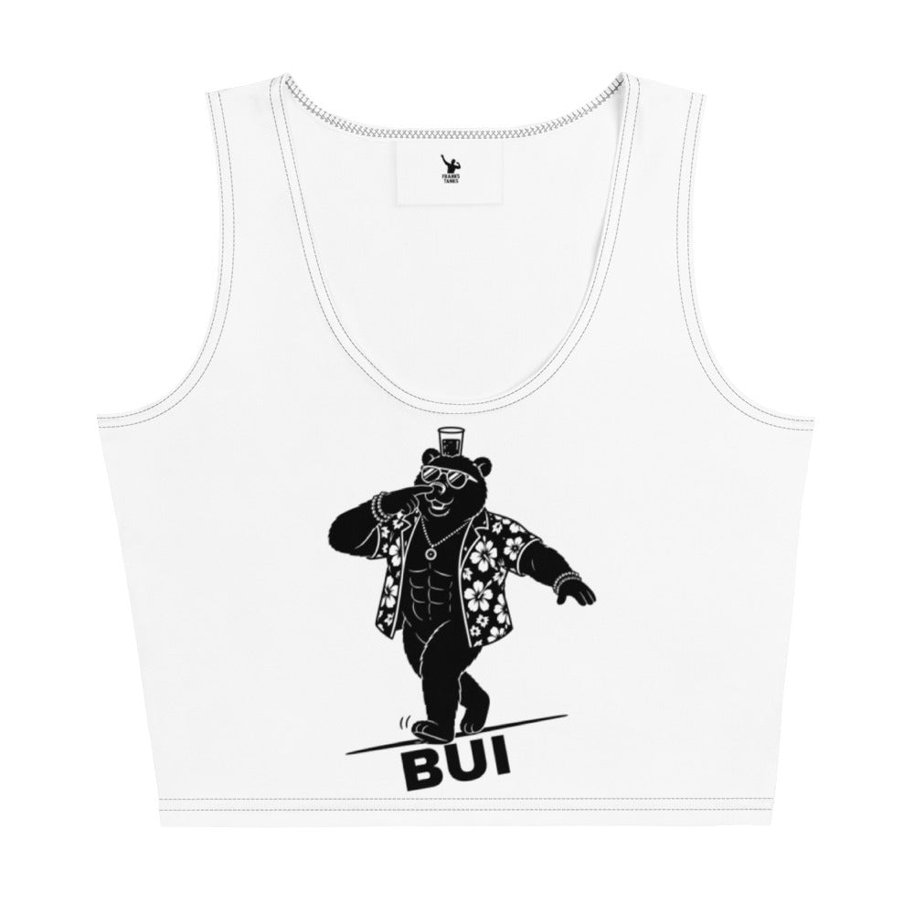 White tank top with a black bear graphic and 'BUI' text on a white background
