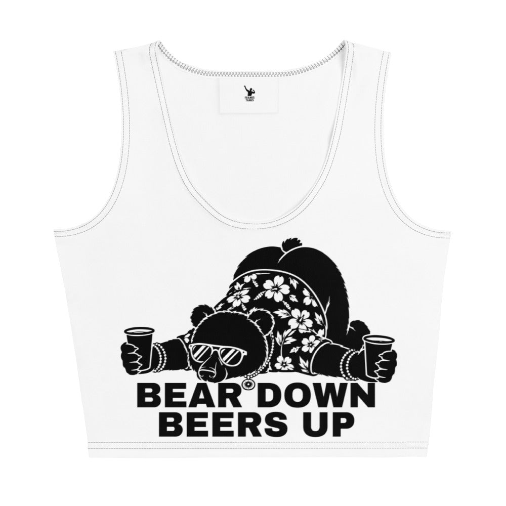 White tank top with a bear graphic and text 'Bear Down Beers Up' on a white background