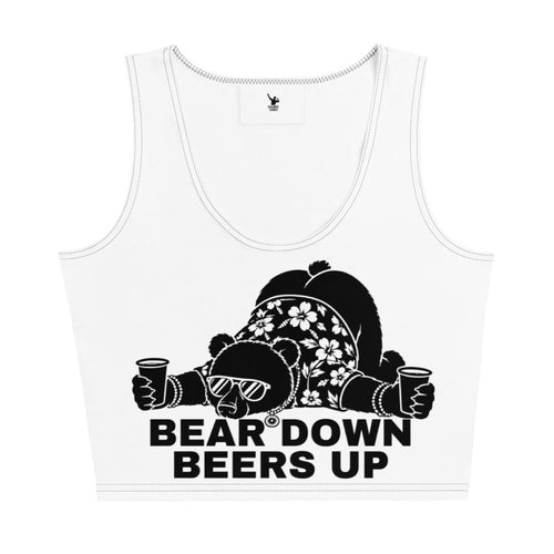 White tank top with a bear graphic and text 'Bear Down Beers Up' on a white background