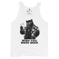 White tank top with a bear graphic and text 'Wish You Were Beer' on a white background