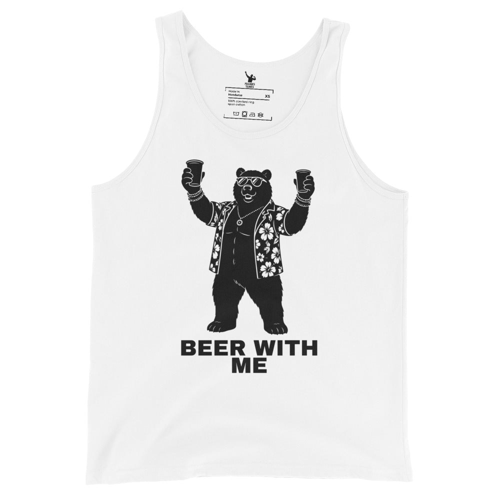White tank top with a bear graphic and 'Beer With Me' text on a white background