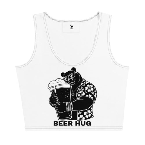 White tank top with a black bear holding a beer and 'BEER HUG' text on a white background