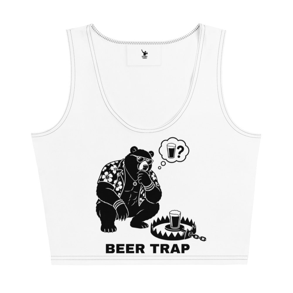 White tank top with a bear graphic and 'Beer Trap' text on a white background