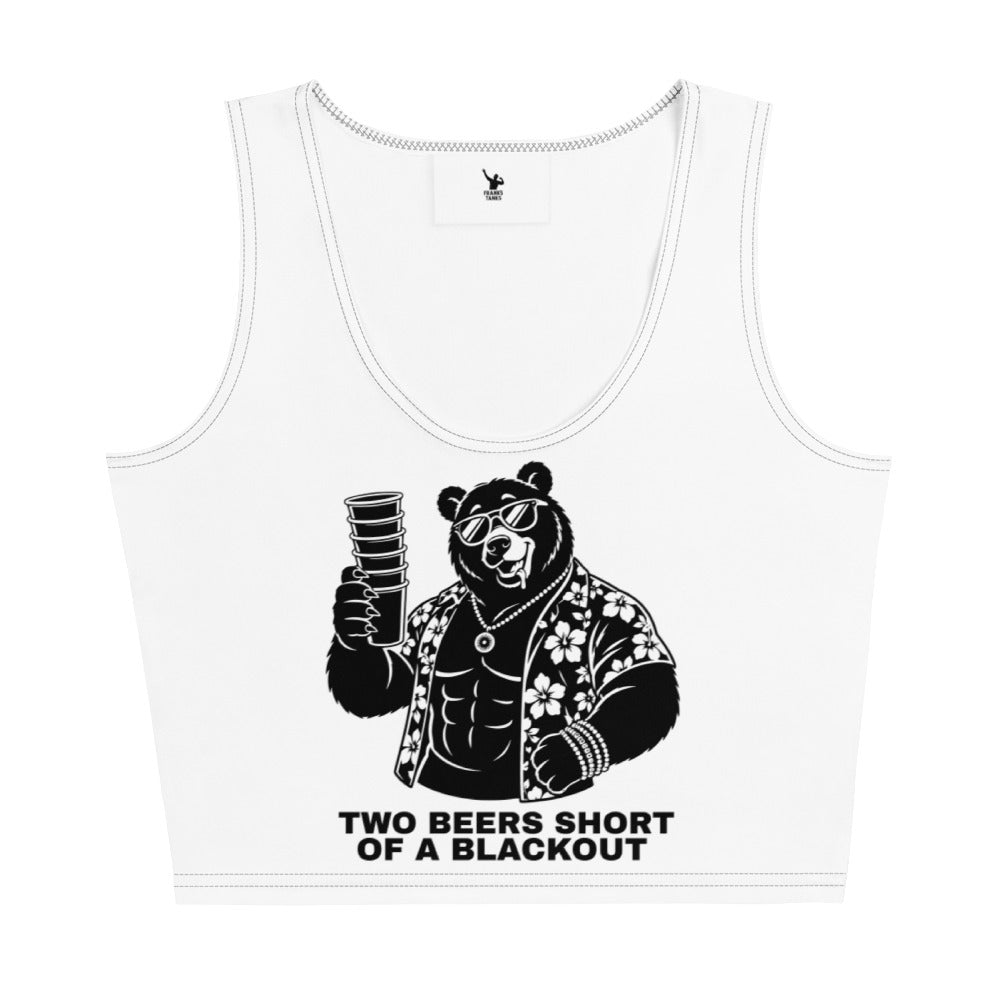 White tank top with a bear graphic holding a bottle and text 'Two Beers Short of a Blackout' on a white background