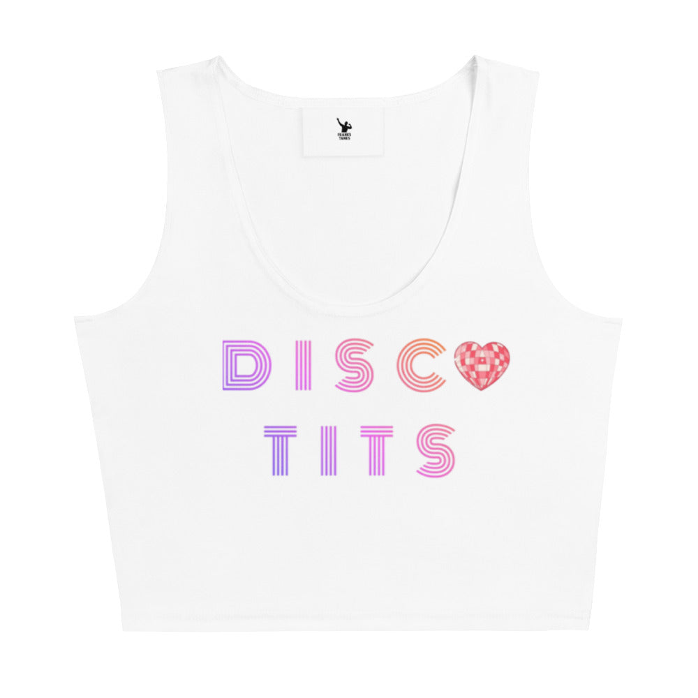 White tank top with 'DISCO TITS' text and a heart design on a white background