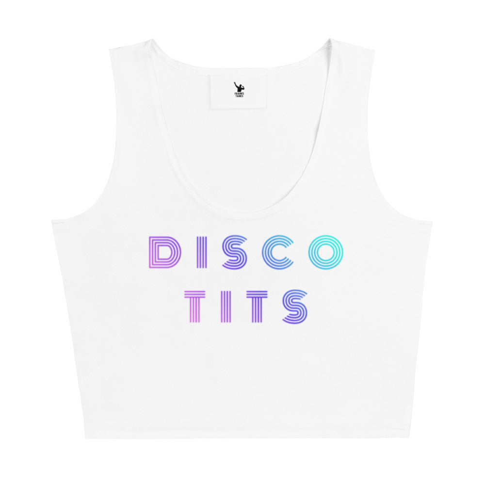 White tank top with 'DISCO TITS' text in colorful letters on a white background