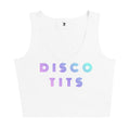 White tank top with 'DISCO TITS' text in colorful letters on a white background