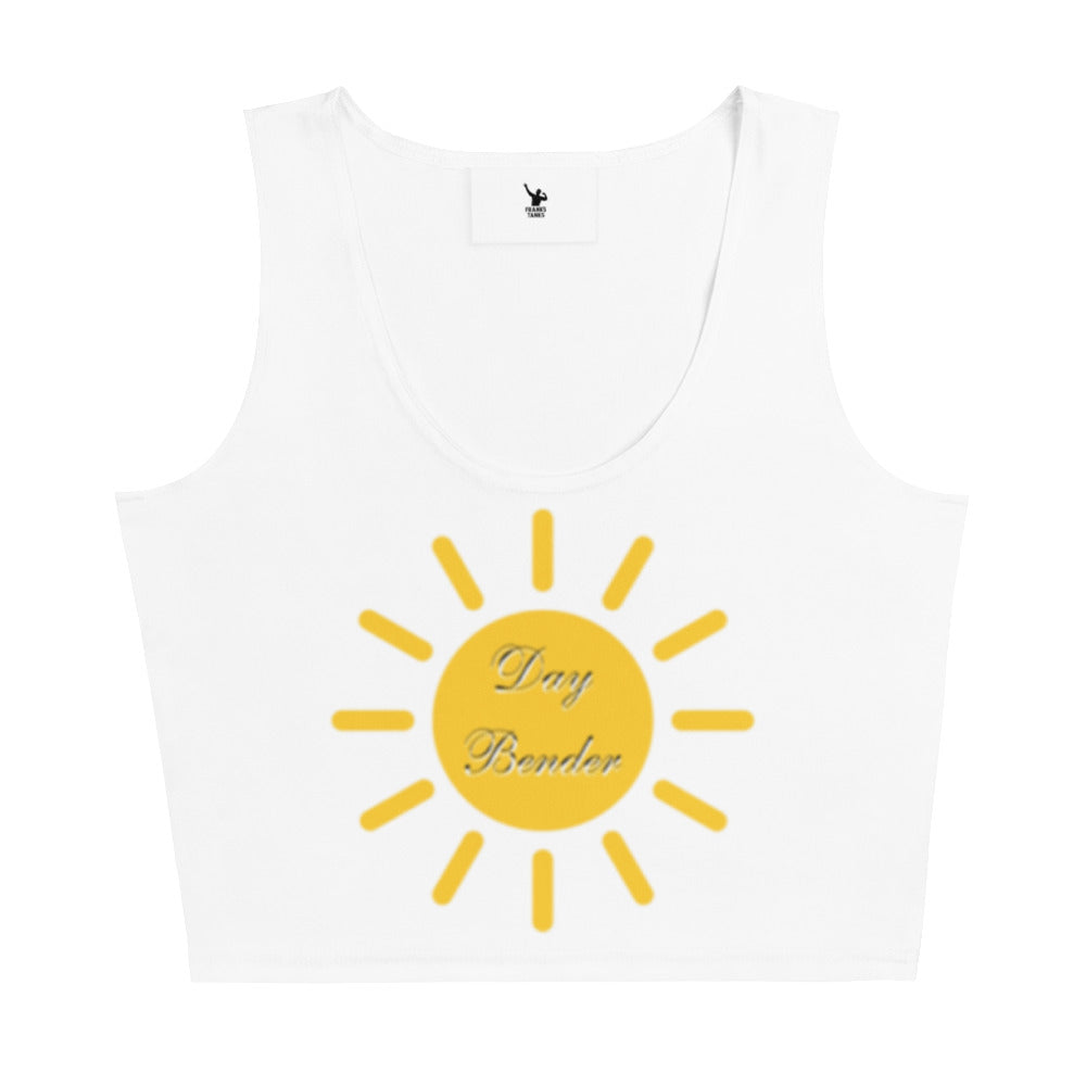 White tank top with a yellow sun graphic and text on a white background