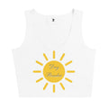 White tank top with a yellow sun graphic and text on a white background