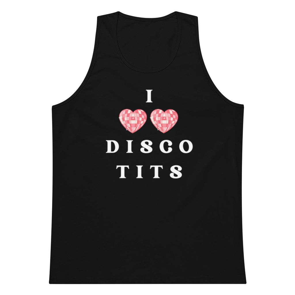 Black tank top with 'I ❤️ DISCO TITS' text and heart designs on a white background