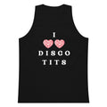 Black tank top with 'I ❤️ DISCO TITS' text and heart designs on a white background
