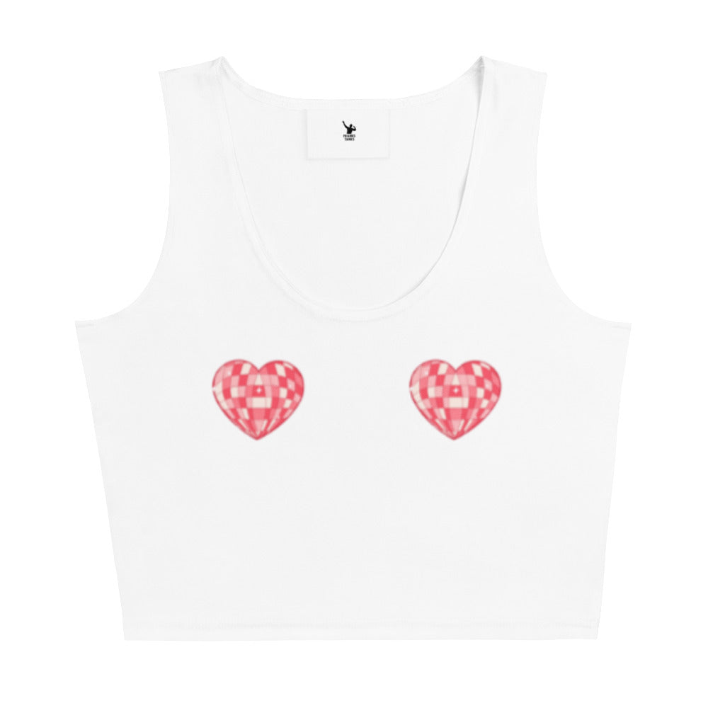 White tank top with red checkered hearts on a white background