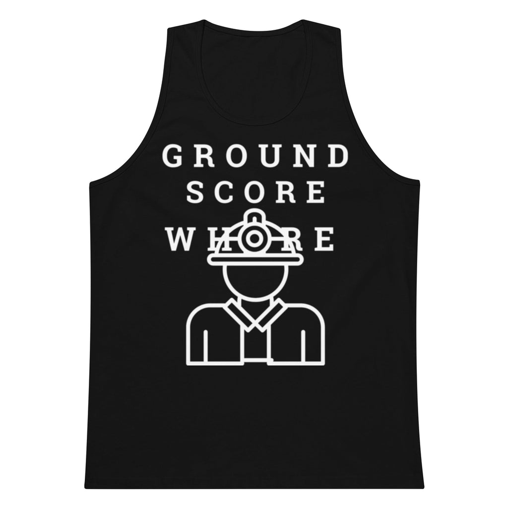 Black tank top with white graphic and text on a white background