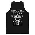 Black tank top with white graphic and text on a white background