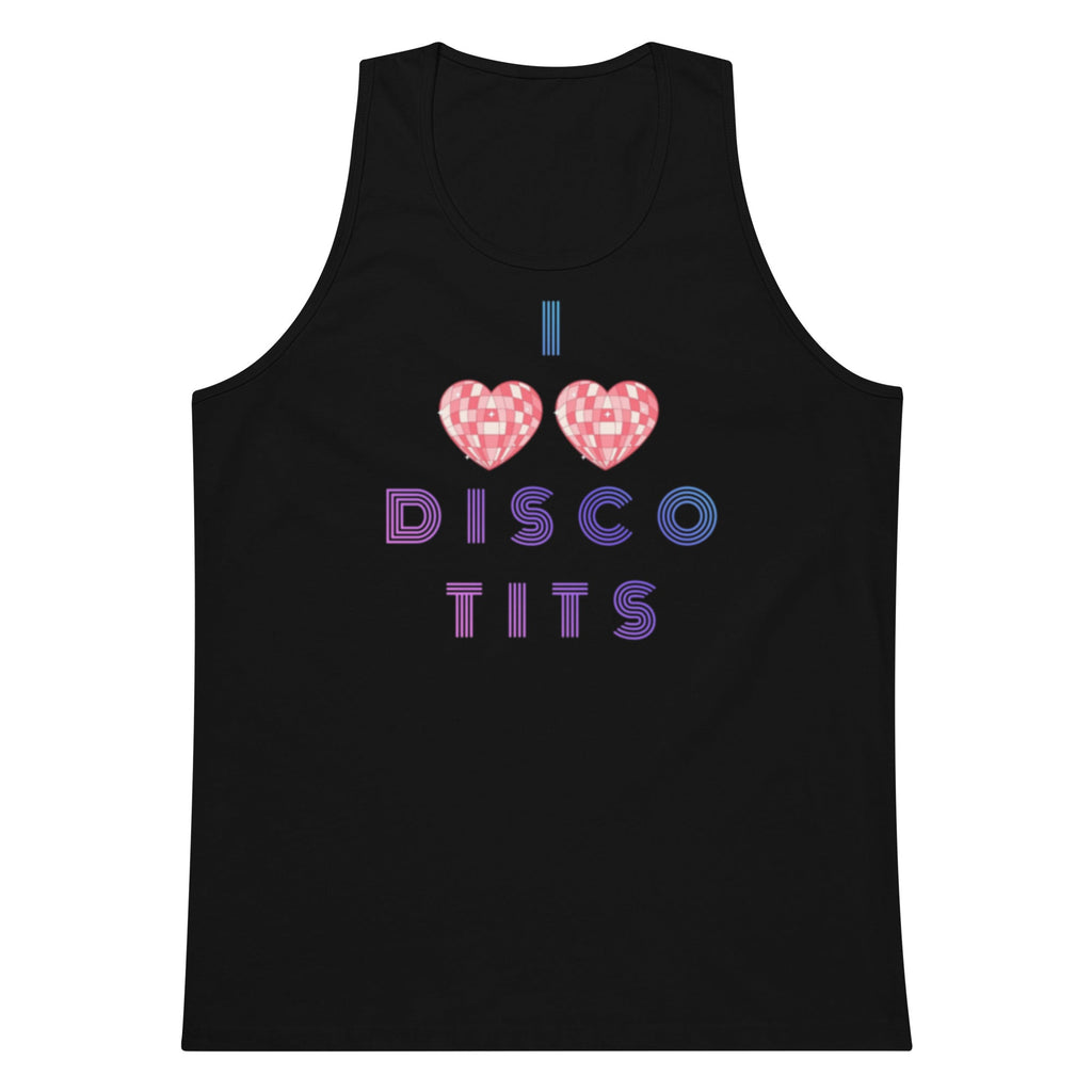 Black tank top with 'I ❤️ Disco Tits' text and heart graphics on a white background