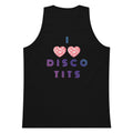 Black tank top with 'I ❤️ Disco Tits' text and heart graphics on a white background