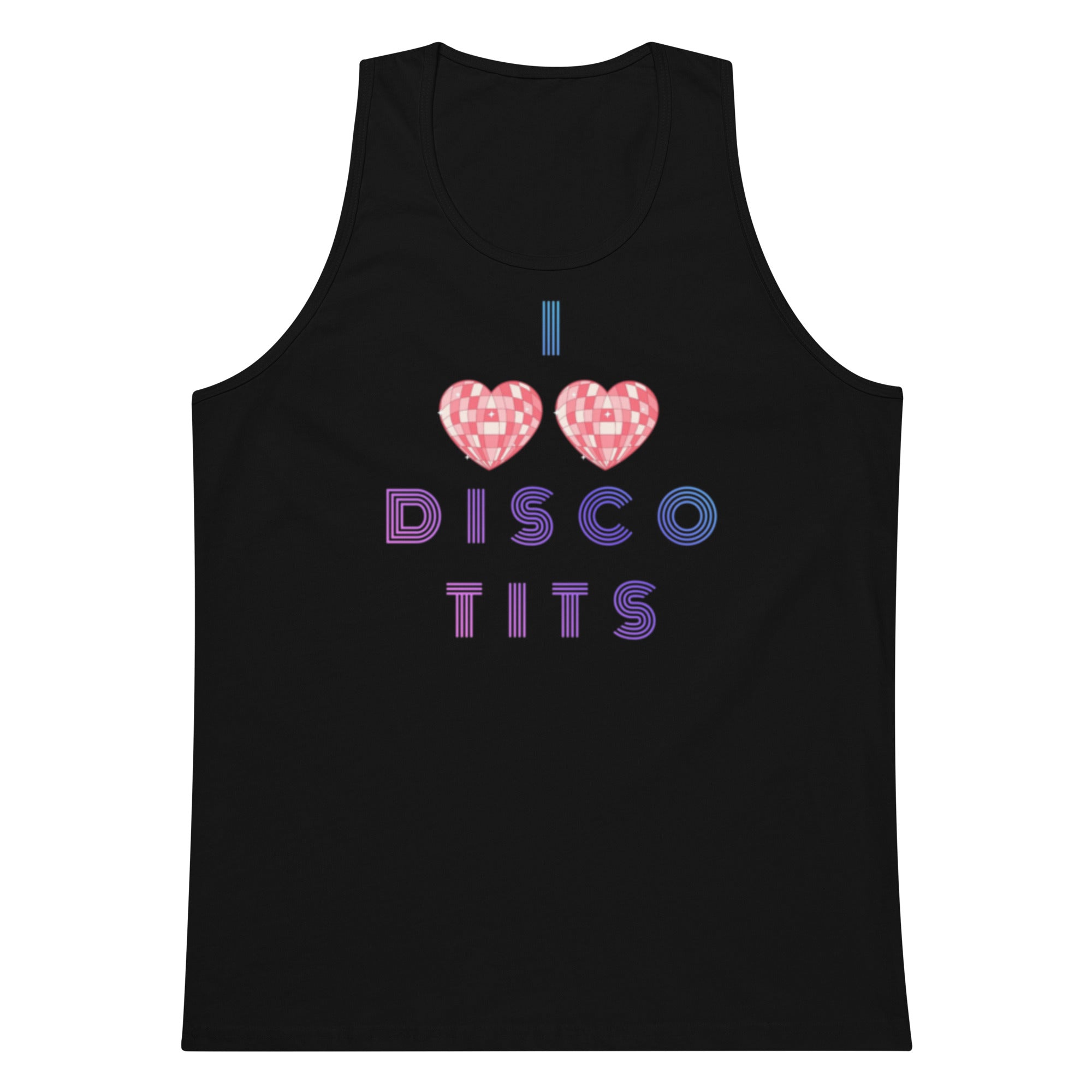 Black tank top with 'I ❤️ Disco Tits' text and heart graphics on a white background