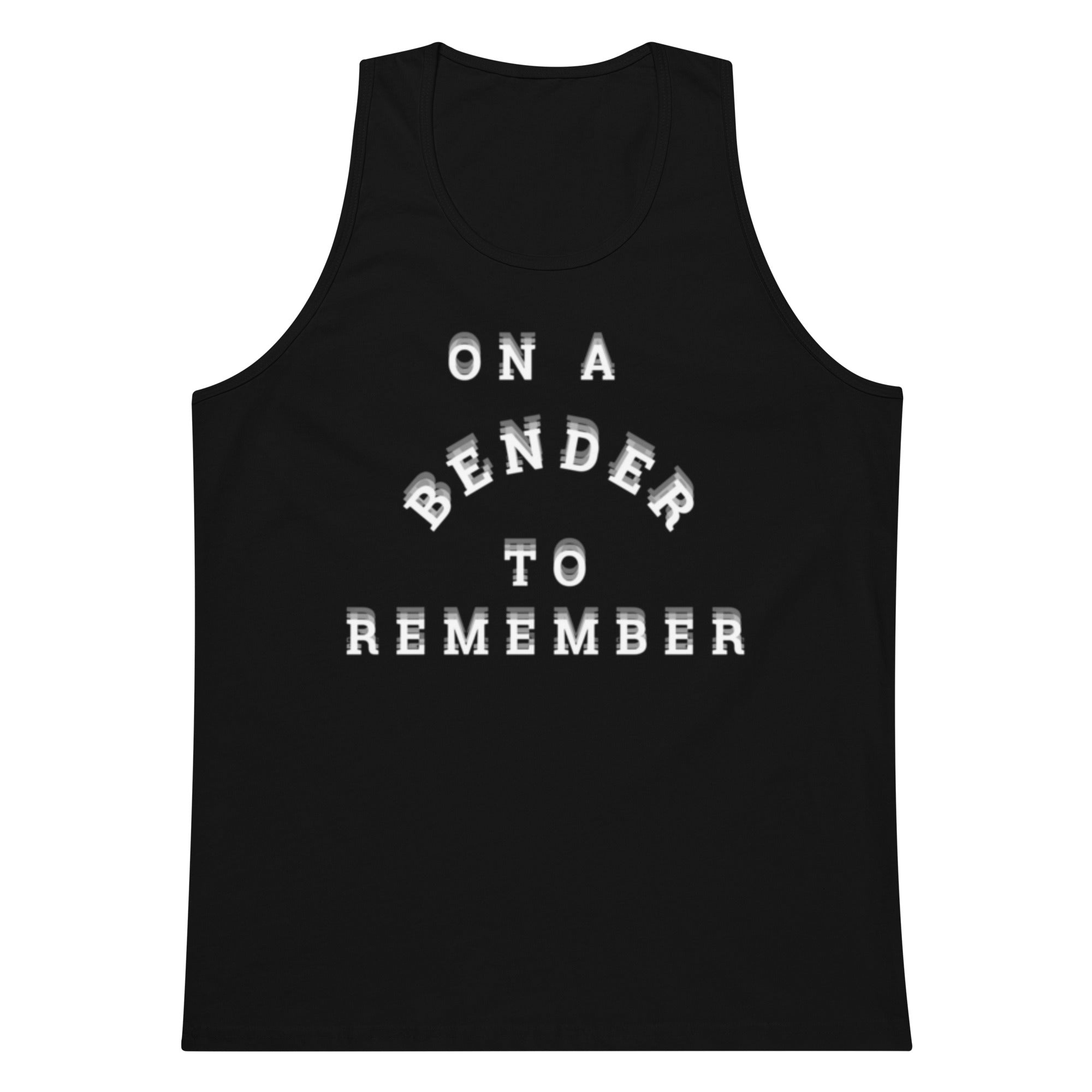Gray tank top with 'On a Bender to Remember' text on a white background