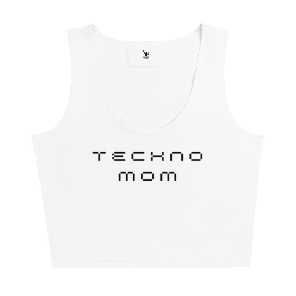 White tank top with 'TECHNO mom' text on a white background