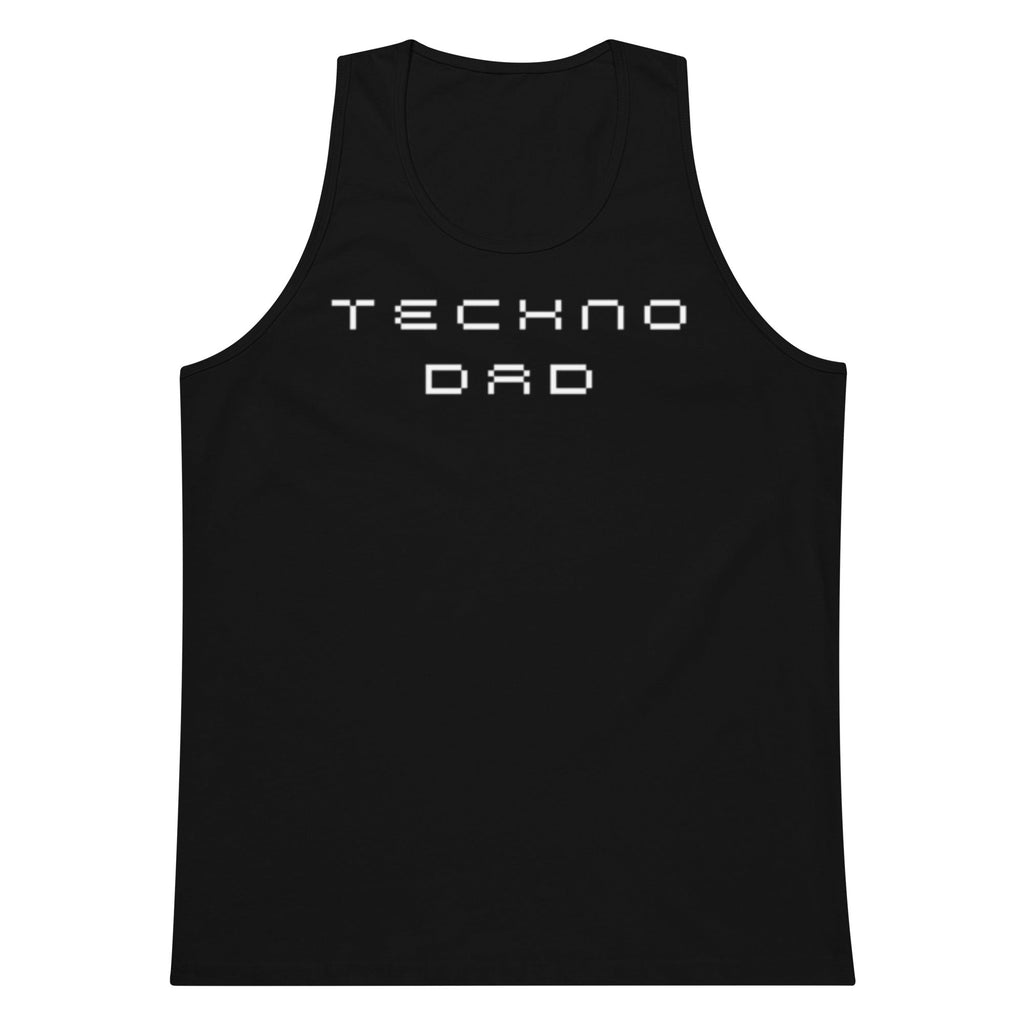 Black tank top with 'TECHNO DAD' text on a white background