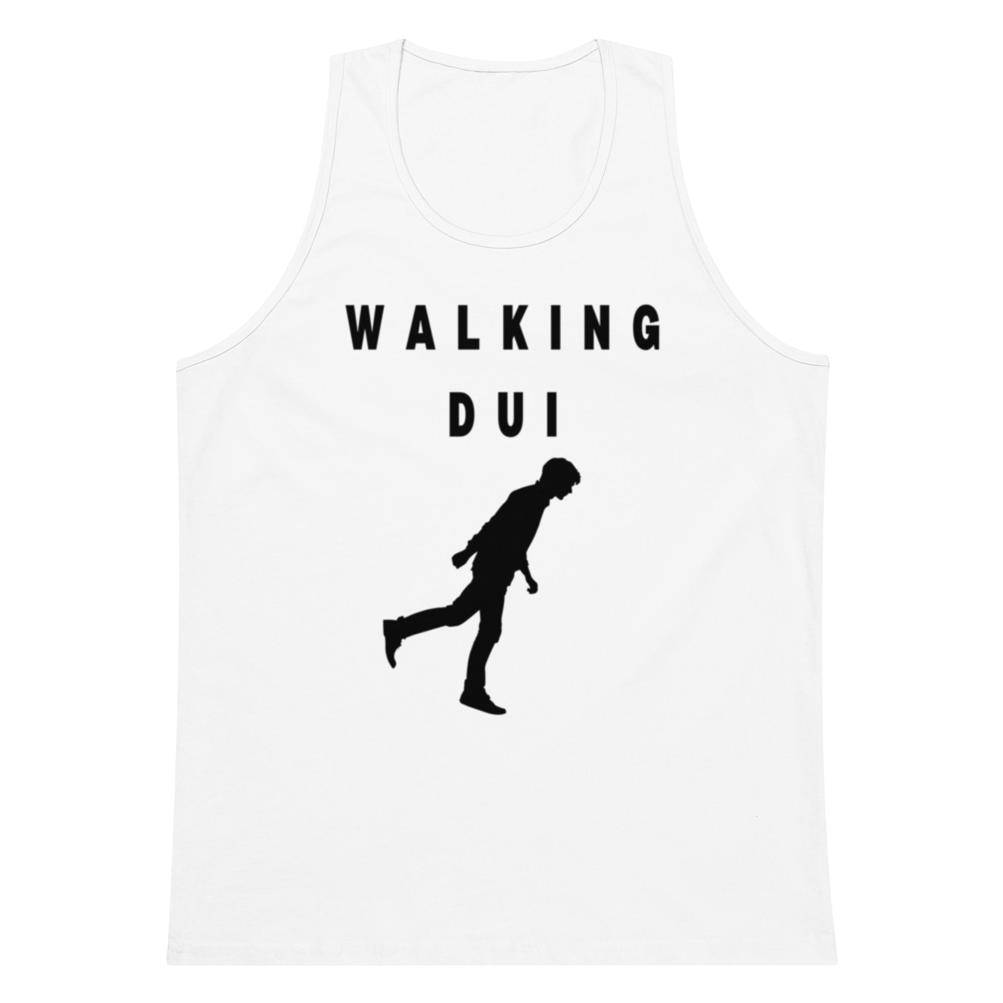 White tank top with 'WALKING DUI' text and silhouette design on a white background