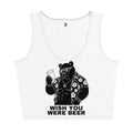 White tank top with a bear graphic and text 'Wish You Were Beer' on a white background
