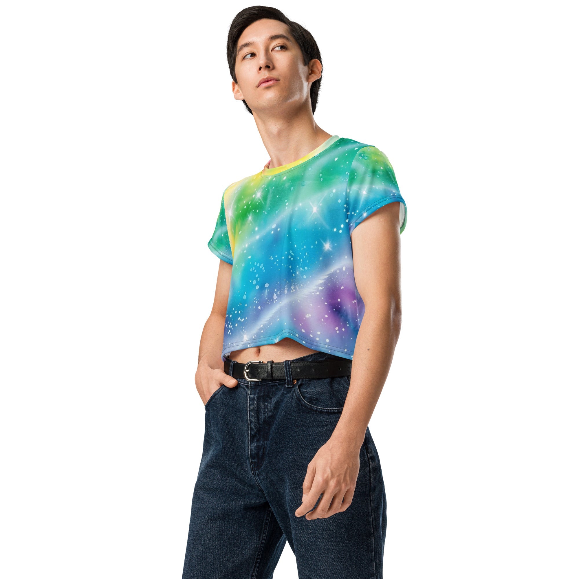 Rainbow Shimmer Woman's Crop Top Tee For EDM Rave Festival Outfit Clothing