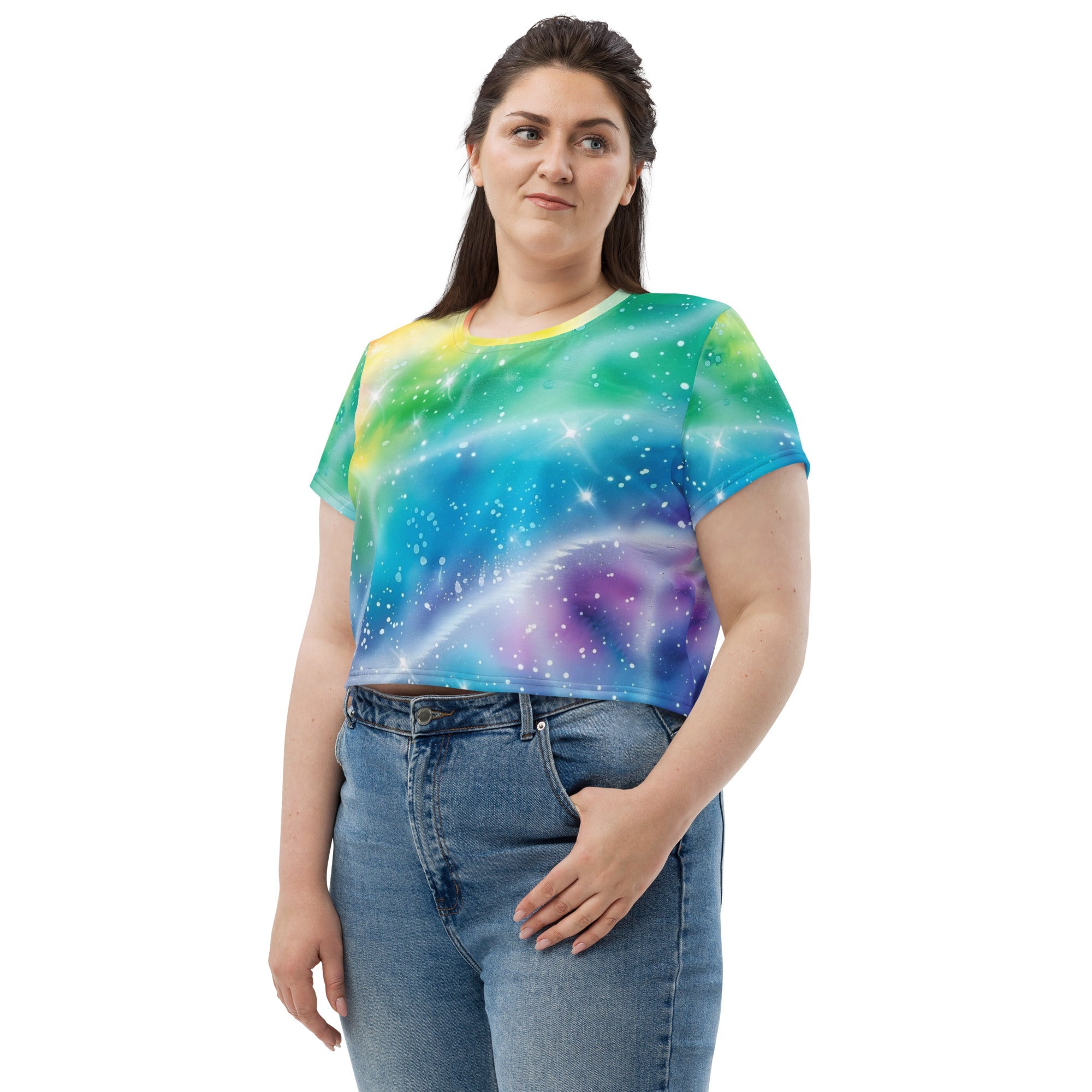 Rainbow Shimmer Woman's Crop Top Tee For EDM Rave Festival Outfit Clothing