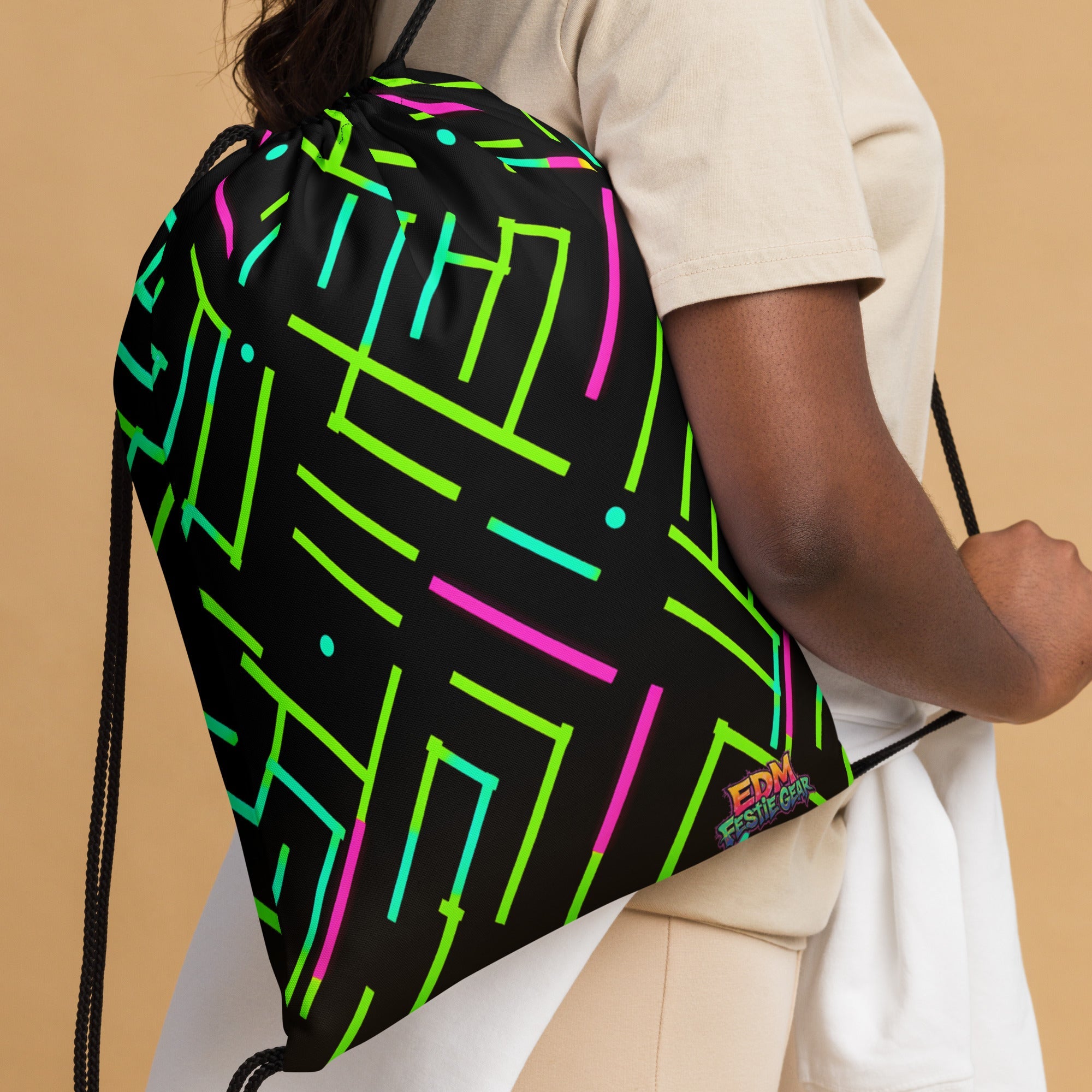 Neon Geometrical Line Drawstring bag For EDM Rave Festival Outfit Clothing