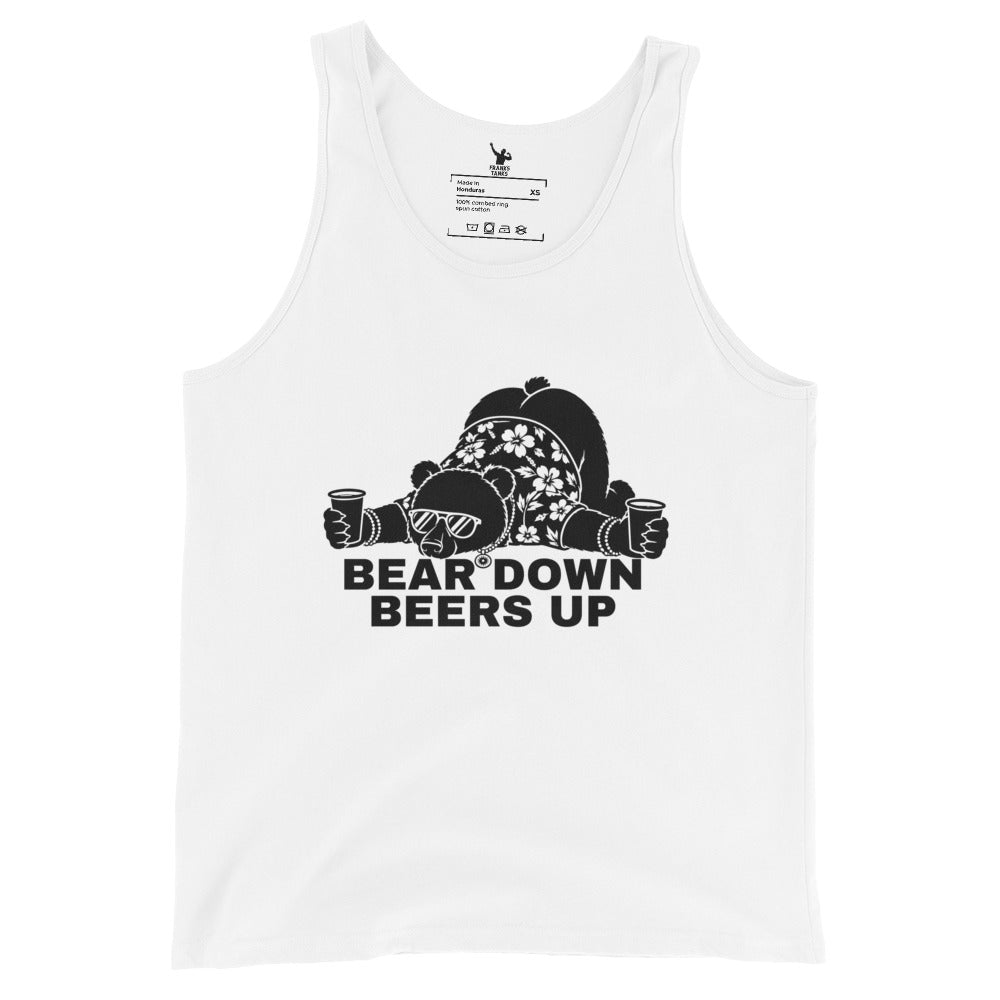 White tank top with black graphic and text 'Bear Down Beers Up' on a white background