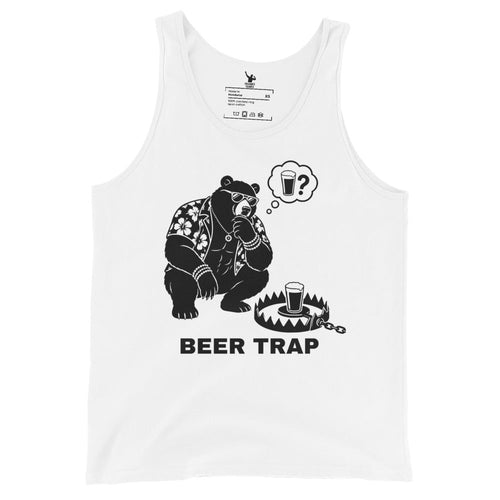 White tank top with a bear graphic and 'Beer Trap' text on a white background