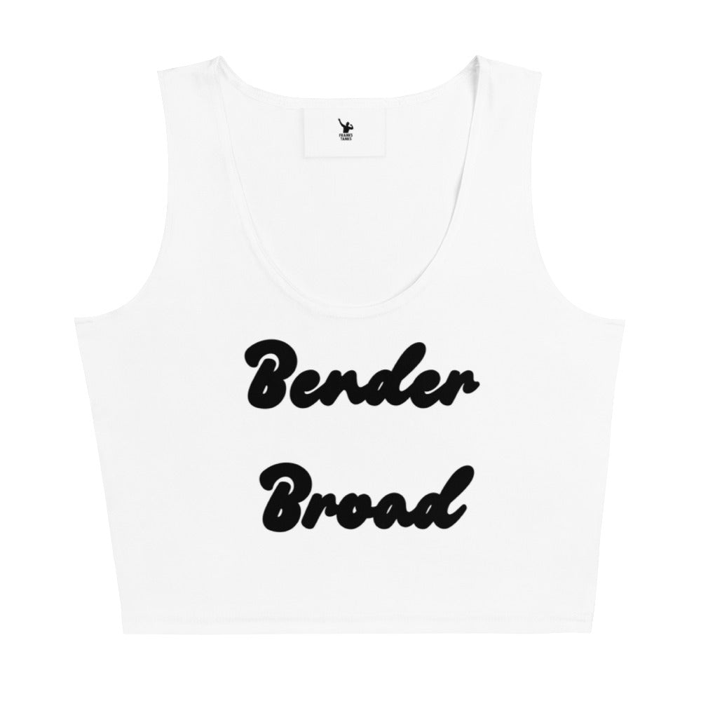White tank top with 'Bender Broad' text on a white background