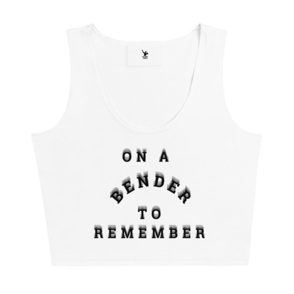 White tank top with black text 'ON A BENDER TO REMEMBER' on a white background