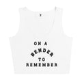 White tank top with black text 'ON A BENDER TO REMEMBER' on a white background