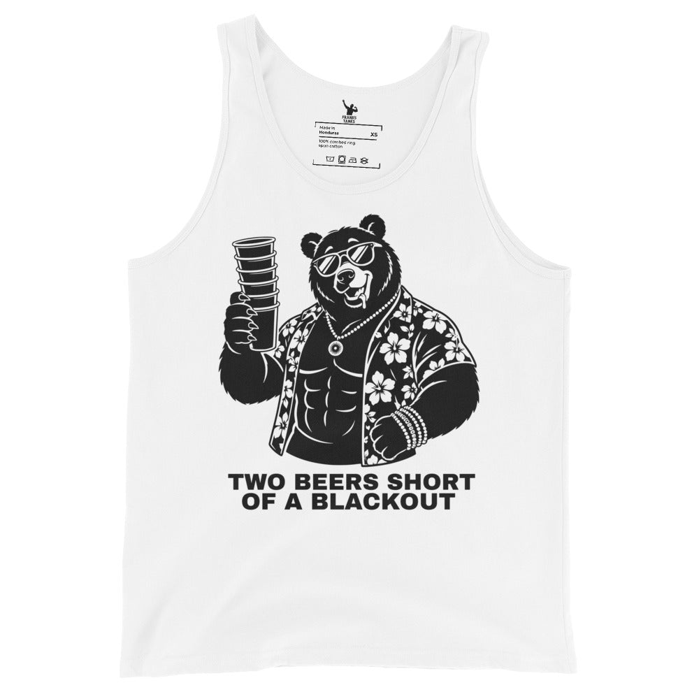 White tank top with a bear graphic and text on a white background