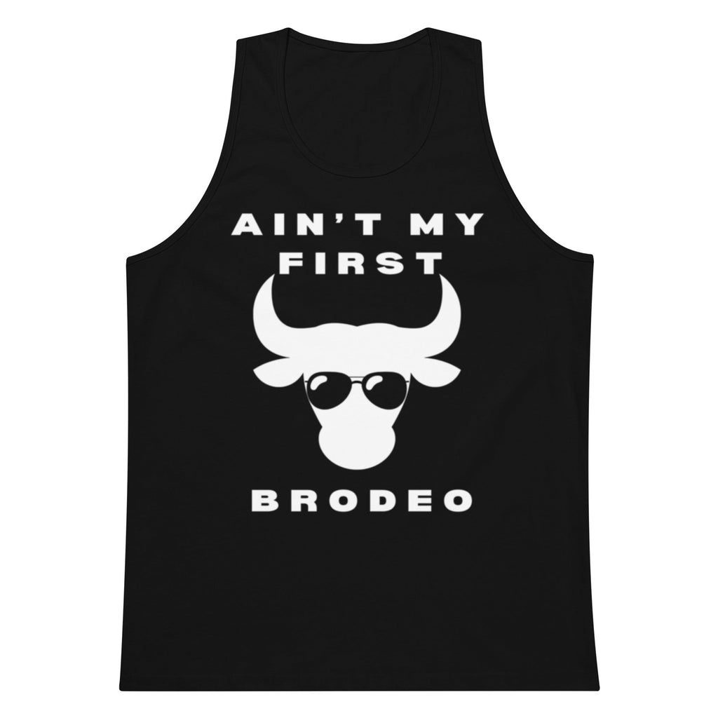 Black tank top with white graphic and text on a white background