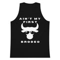 Black tank top with white graphic and text on a white background